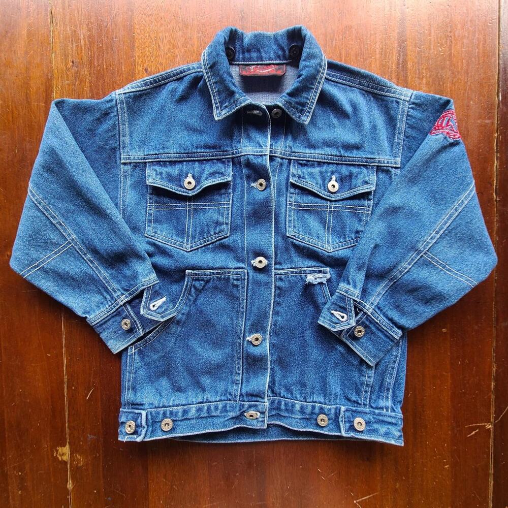 Vintage Urban XS Denim Trucker Jacket Womens Red Chenille Patch